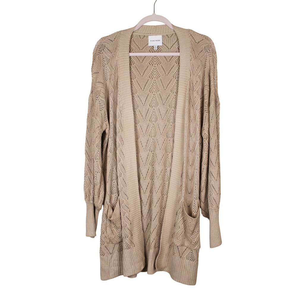 Pink Rose Boho Earthy Coastal Taupe Open Front Pointelle Knit Cardigan Size XL - Picture 1 of 10